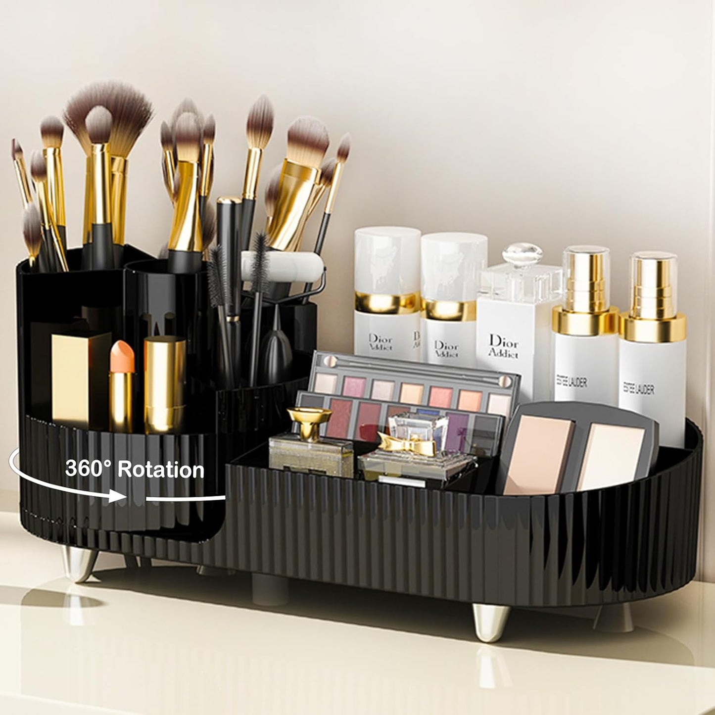 Rotating Makeup Organizer - Large Spinning Vanity Storage with Brush Holder | Black Cosmetic Display Case