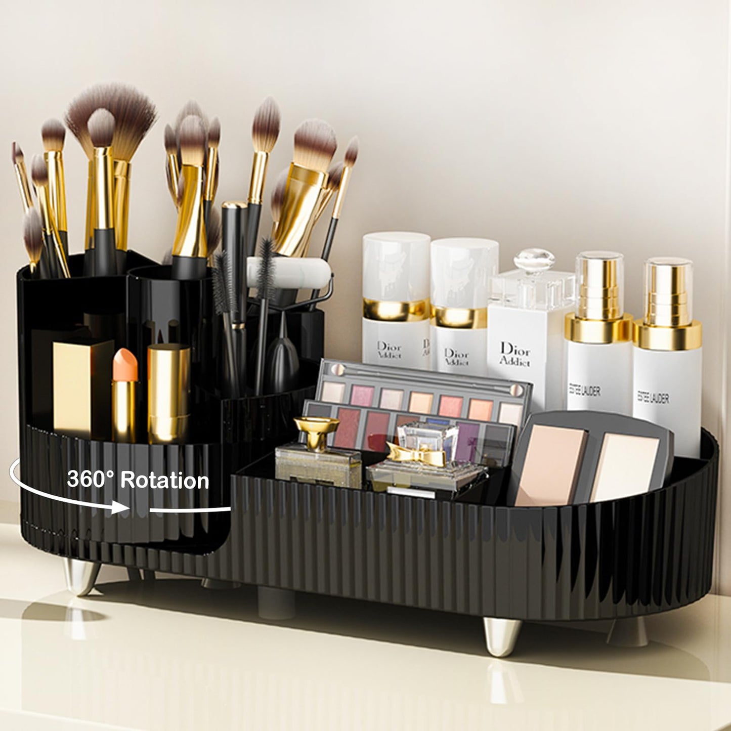 Rotating Makeup Organizer for Vanity with Brush Holder, Cosmetic Makeup Storage Organizer, Large Spinning Makeup Skincare Organizer, Countertop Makeup Perfume Organizer, Lotions Display Case (Black)