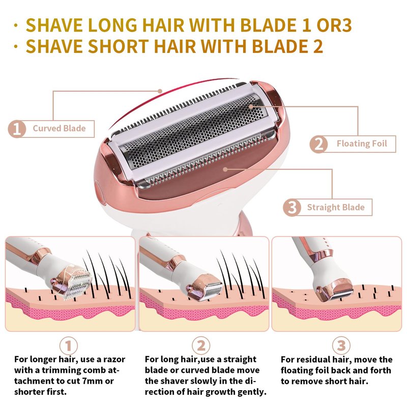 Electric Razors for Women, 5 in 1 Painless Ladies Wet & Dry Body Razors and Facial Hair Remover, Rechargeable Facial and Body Hair Remover for Face Nose Eyebrow Arms Armpit Legs Pubic Area（White）
