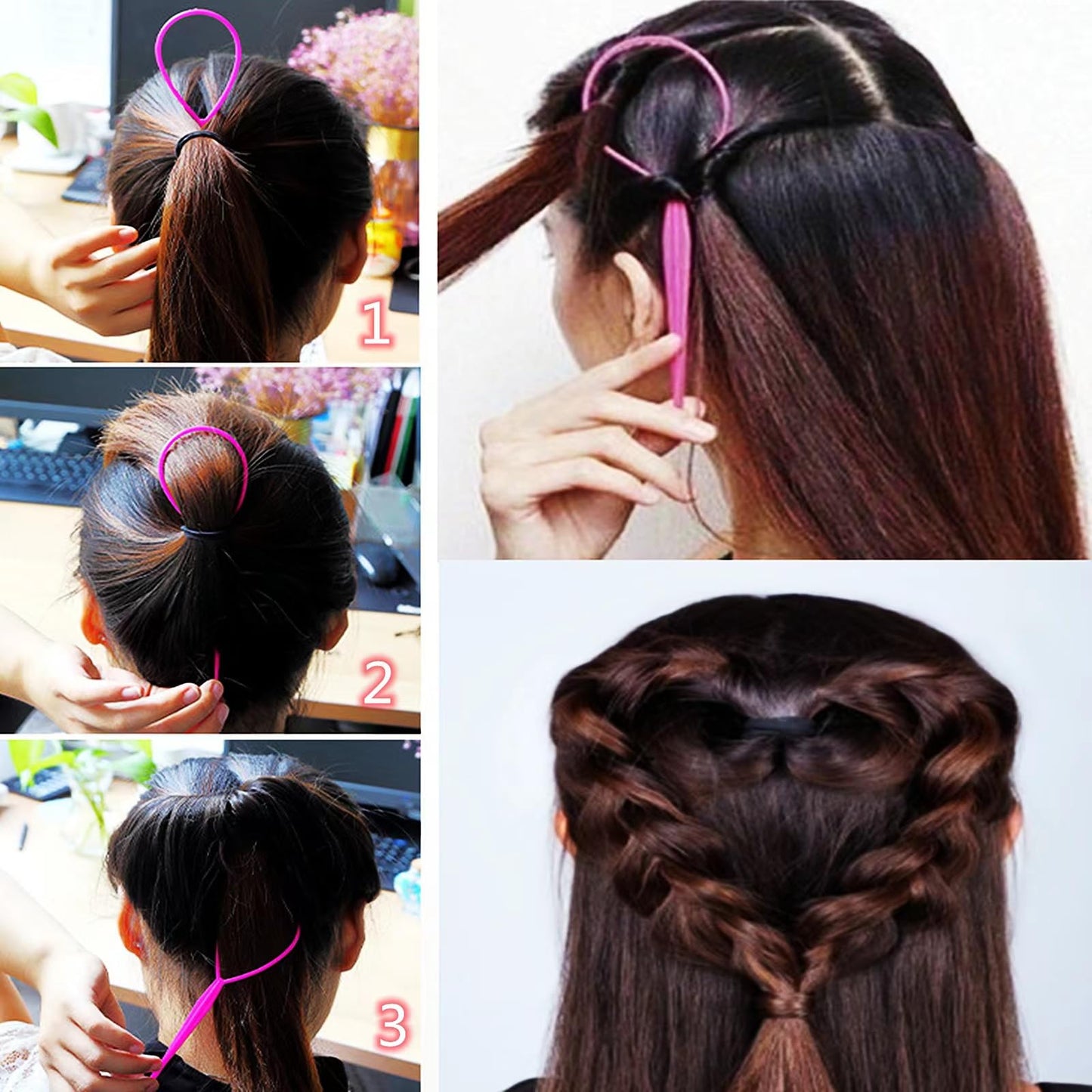 Aigee 6pcs Topsy Tail and Hair Loop Styling Tool Set - Ponytail Makers, French Braid Loops in Large and Small, Hair Pull Through Tools (Pink, Blue, Purple) for Women and Girls