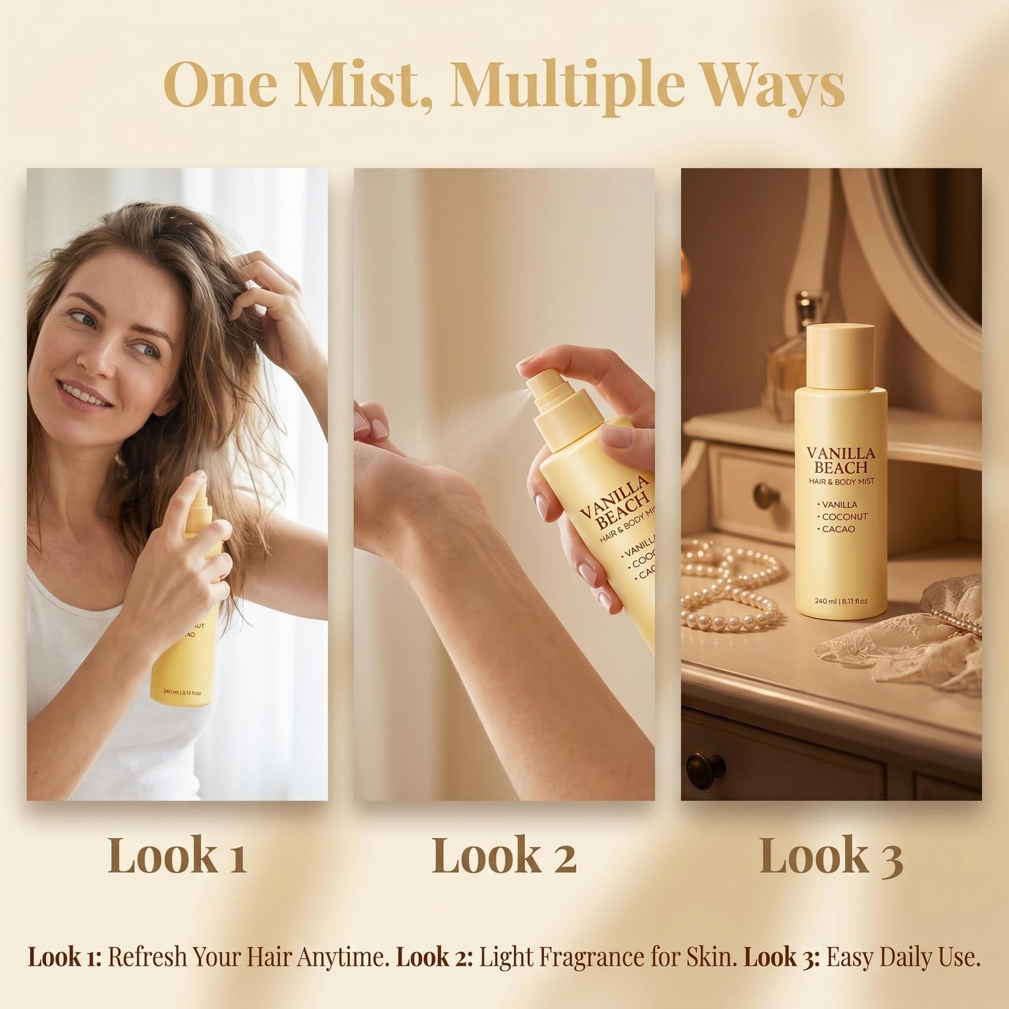 JEXZVR Vanilla Beach Hair and Body Mist - Warm Vanilla Coconut Fragrance Spray, Lightweight Refreshing Mist for Hair & Skin, Long-Lasting Tropical Scent, Summer Beach-Inspired Body Spray - 8.11 fl oz