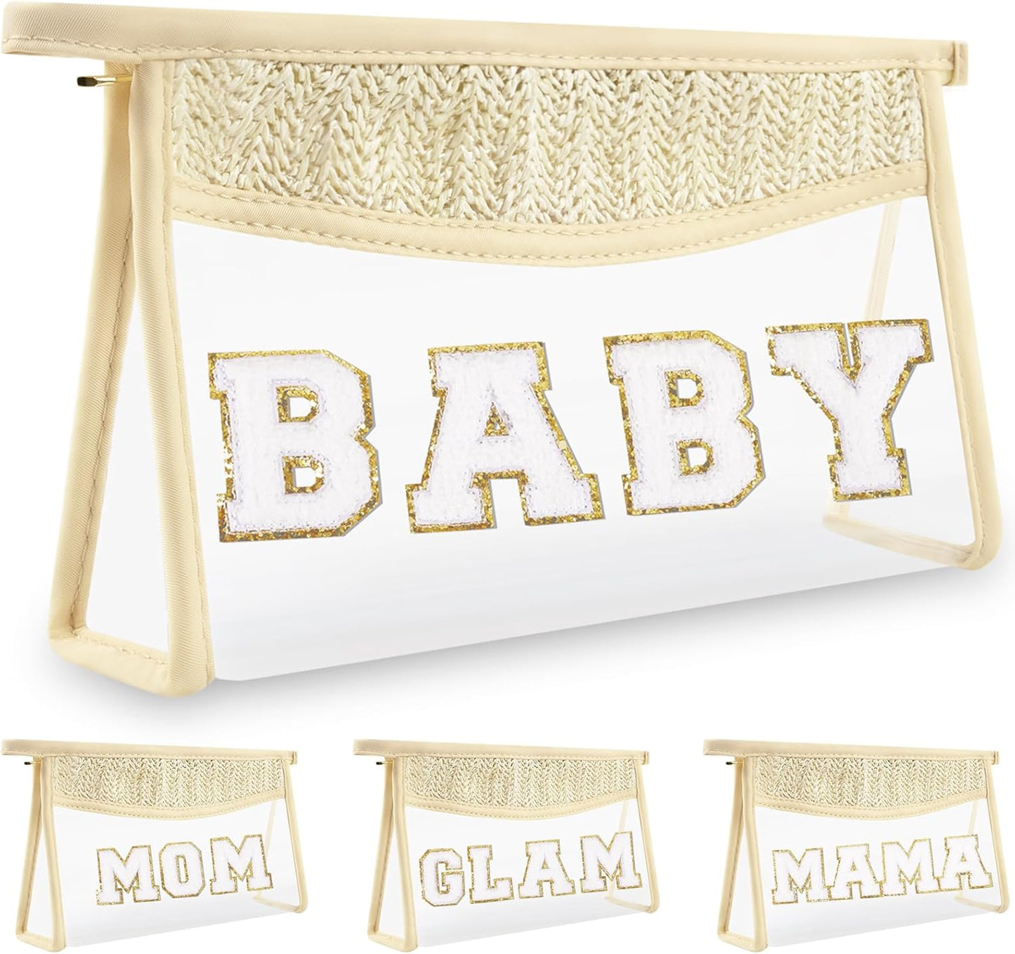 Clear Makeup Letter Patch Bag - Boho Transparent Toiletry Pouch | Small Waterproof Cosmetic Organizer for Women