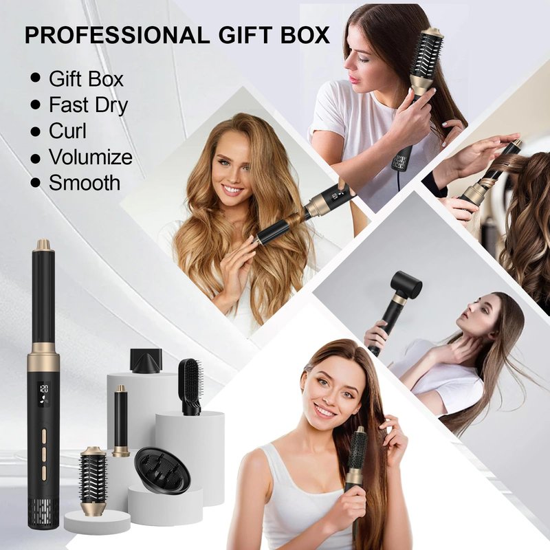 Hair Dryer Brush and 8 in 1 Hair Styler, Blow Dryer Brush with 110,000 RPM High-Speed Negative Ion, Multi Hair Styler with HD Digital Display for Fast Drying Straightening Curling (Black Gold)