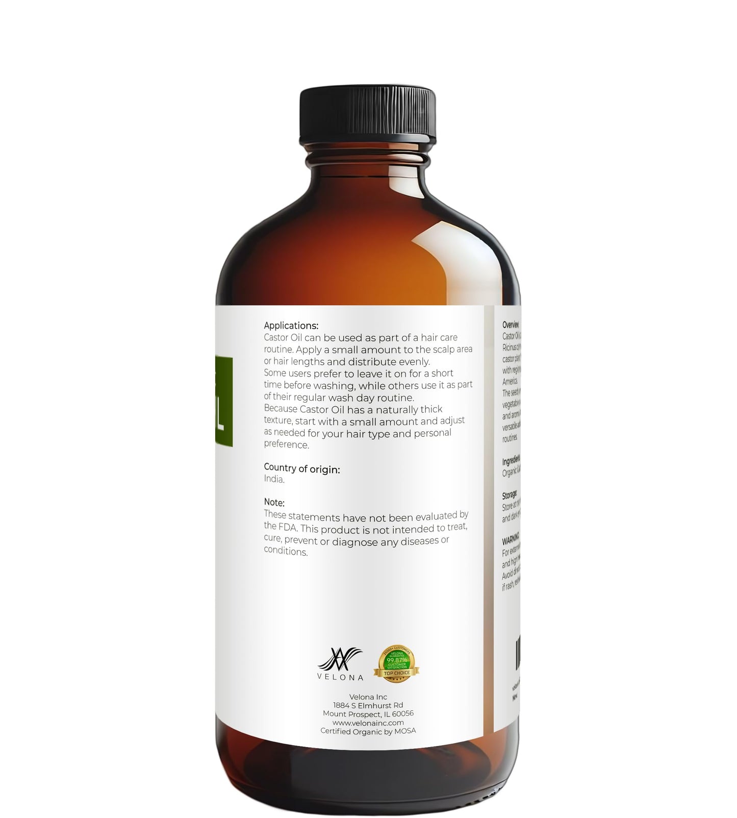 velona USDA Certified Organic Castor Oil – 16 fl oz in Glass Bottle | Cold-Pressed, Hexane-Free, USP Grade | Eyelash & Eyebrow | Bottled in USA