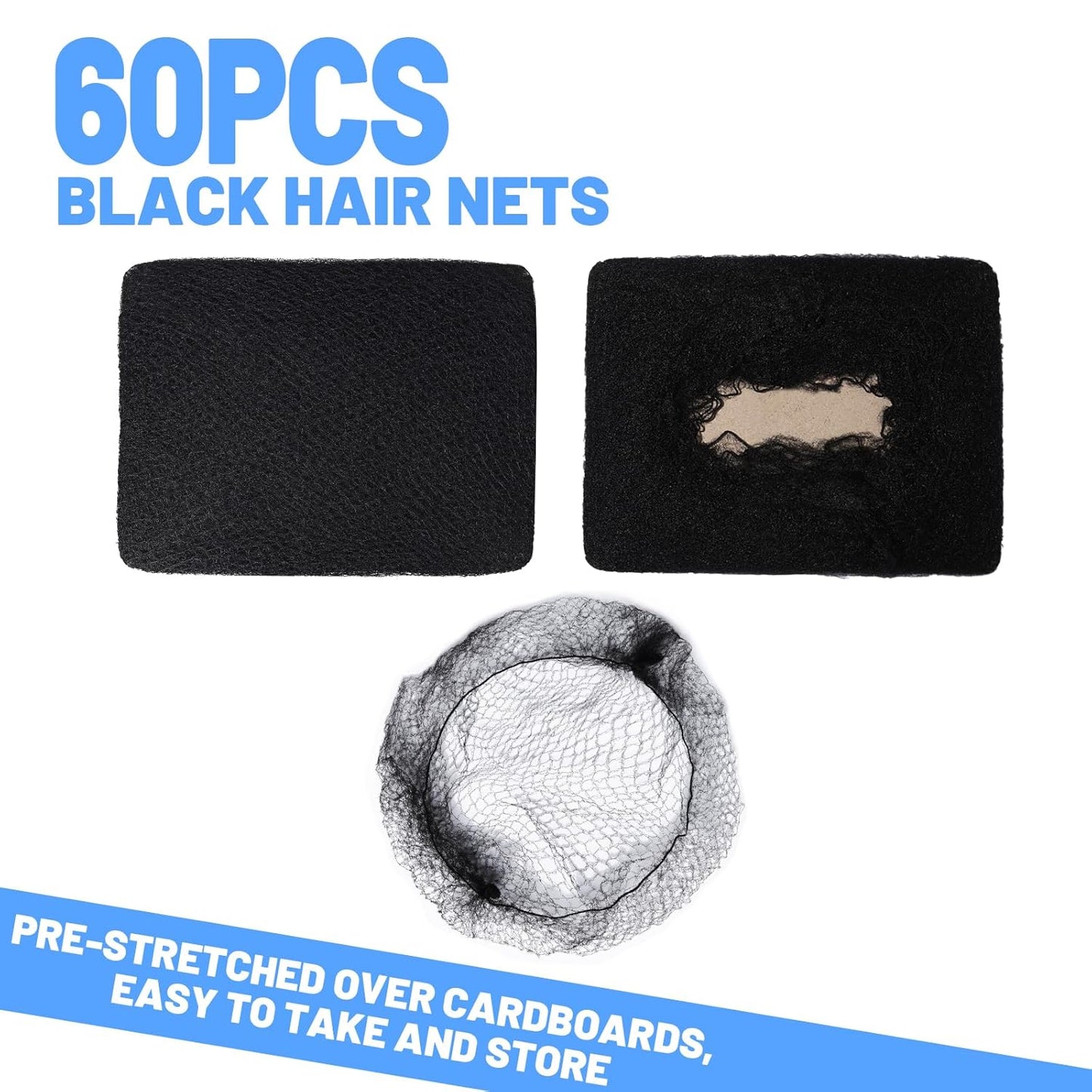 Black Hair Nets - 60 Pcs Invisible Nylon Hairnets for Food Service Workers | 24-Inch Size for Men & Women