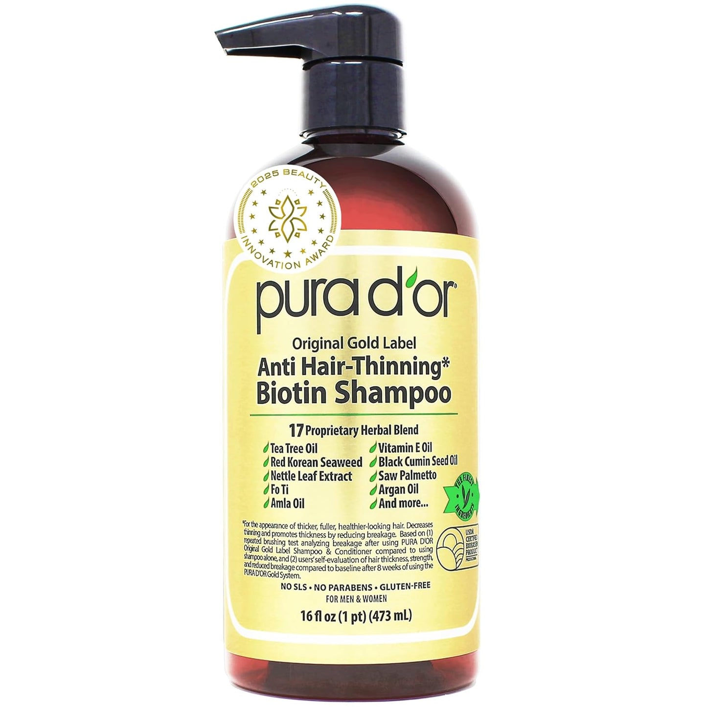 PURA D'OR Anti-Thinning Shampoo - Biotin & Argan Oil | Sulfate-Free, Strengthens & Volumizes Hair, 16 oz