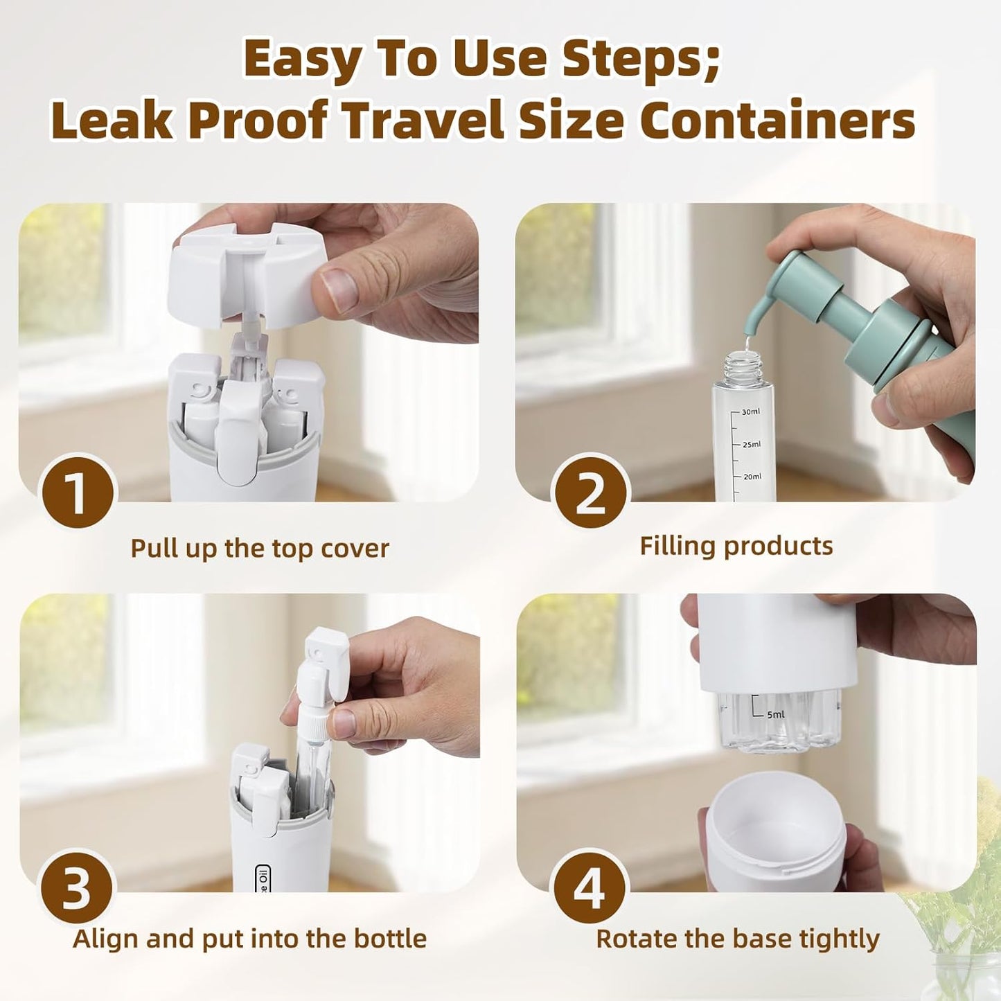 Travel Dispenser Bottle Set - 4 Pack 30ML Leak-Proof Toiletry Containers | White