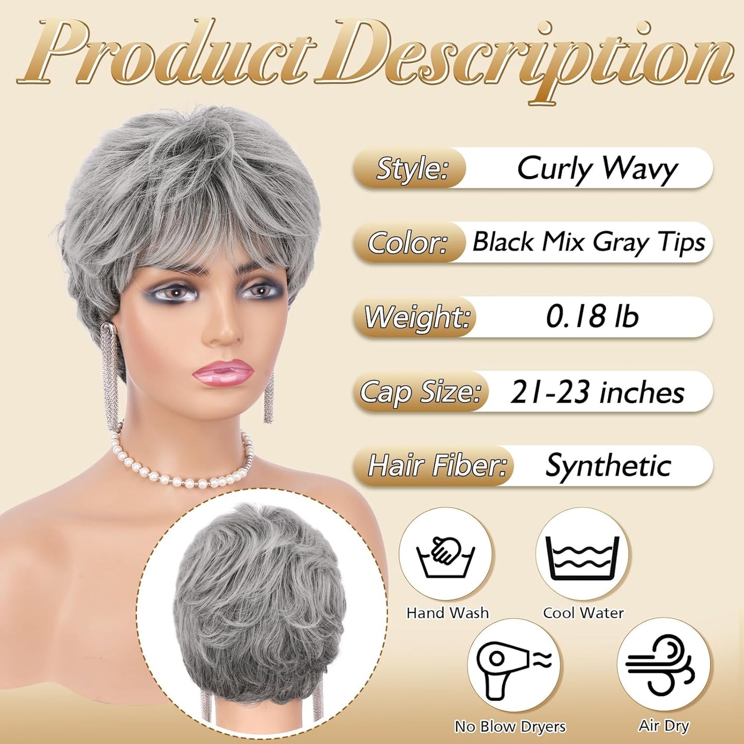 Gray Pixie Wigs for Women - Short Natural Layered Synthetic Hair Wig | Heat Resistant, Gray Mixed Black