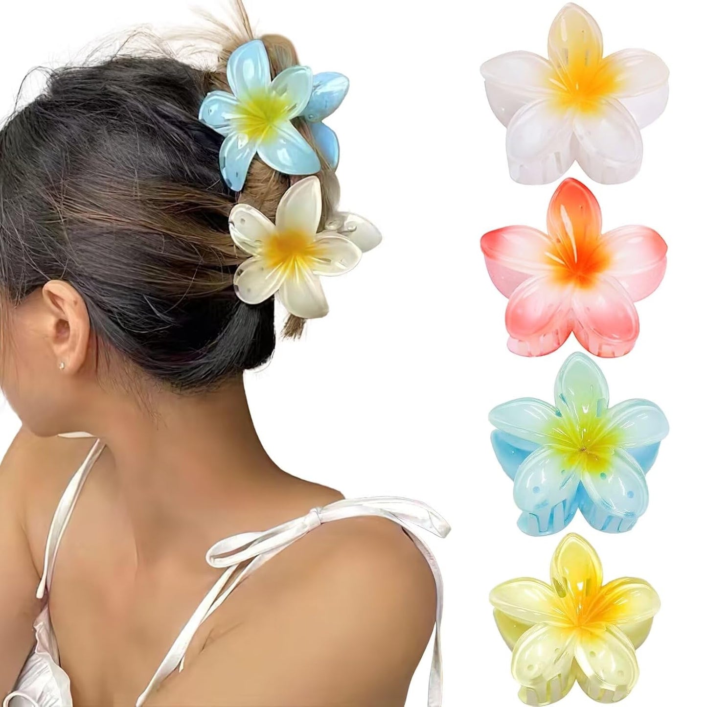 Flower Hair Claw Clips - 4PCS Strong Hold Nonslip Large Clips for Thick Hair | Cute Hawaiian Hair Accessories for Women & Girls