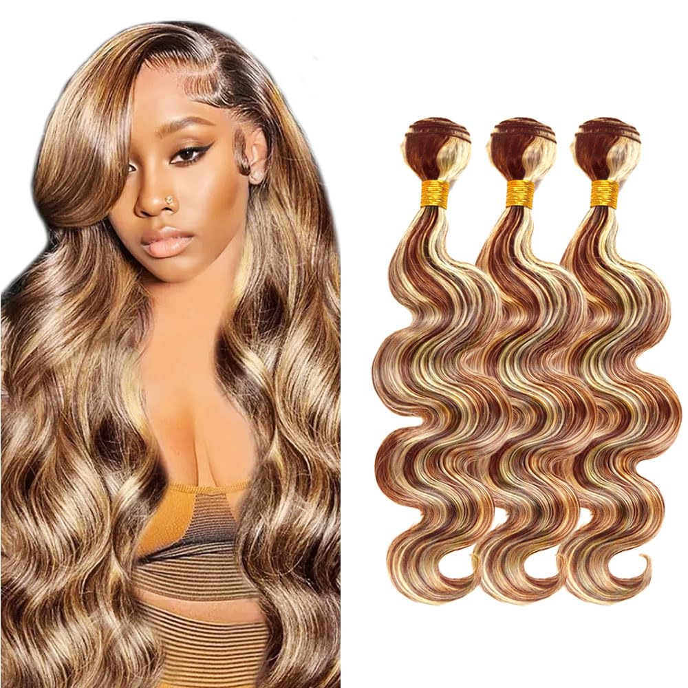 P30/613 Hilight Brown Bundles Human Hair Body Wave Bundles 18 20 22 Inch Blonde Body Wave Bundles Unprocessed Brazilian Virgin Hair Deals Quick Weave Hair Extensions 3 Bundle 100 Gram Per Bundle