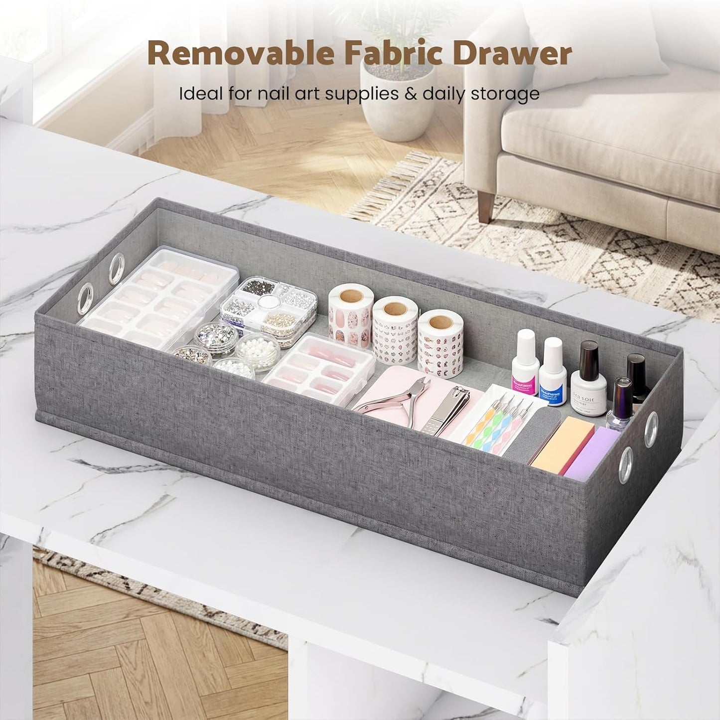 Foldable Manicure Table - Extendable Nail Station with Charging Station & Storage | Modern White Design for Home & Office