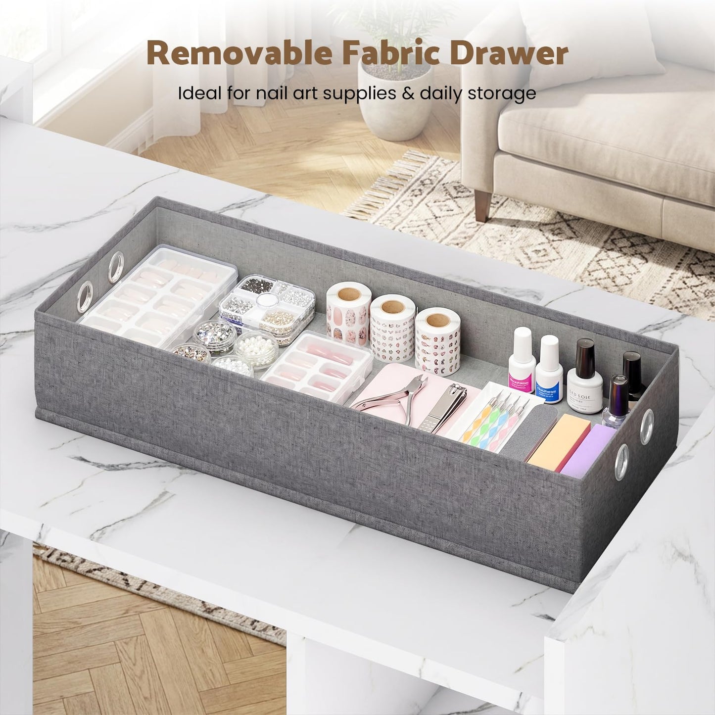 Foldable Manicure Table Nail Desk, Extendable Nail Tech Table with Storage Shelves & a Fabric Drawer, Wall Mount Nail Station Modern Multipurpose Table Home Office Beauty Spa Salon, White Marble