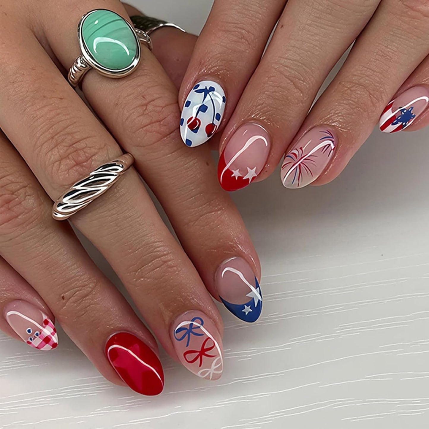 Flower Press On Nails - 24Pcs Short Almond Acrylic Set with 3D Pearl Floral & Gold Chrome Design | Glossy Pink Full Cover