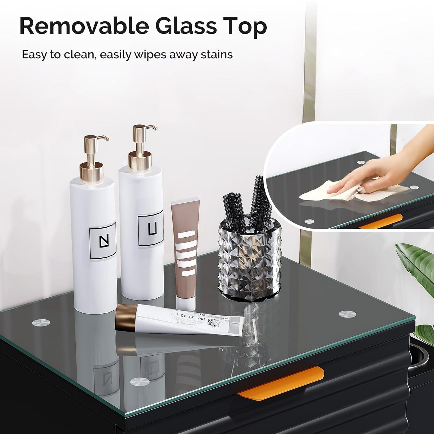Professional Salon Station - Tempered Glass Top, 3 Drawers, Heat Resistant Tool Holders | Black Barber & Stylist Storage Cabinet