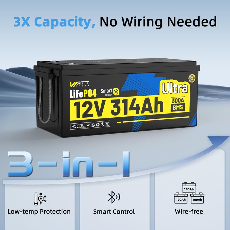 WattCycle 12V 314Ah LiFePO4 Battery, Lithium Battery 12V 300A BMS, IP65 Marine Batteries, Lithium RV Batteries Built-in Bluetooth, Perfect for RV, Marine, Solar, Off-Grid, Home Energy Storage
