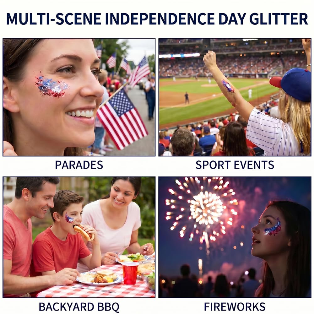 4th of July Glitter Stick, 2026 New Red, White & Blue Body & Hair Sparkle for 4th of July, Patriotic Red White and Blue Body Glitter Stick Makeup for Independence Day 250 Anniversary (Blue Silver)