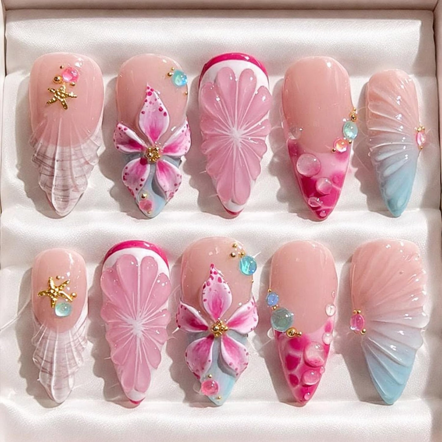Summer Beach Press-On Nails Set - 24Pcs Medium Almond Floral Design with 3D Starfish & Seashell | Full Cover Ocean Manicure for Women