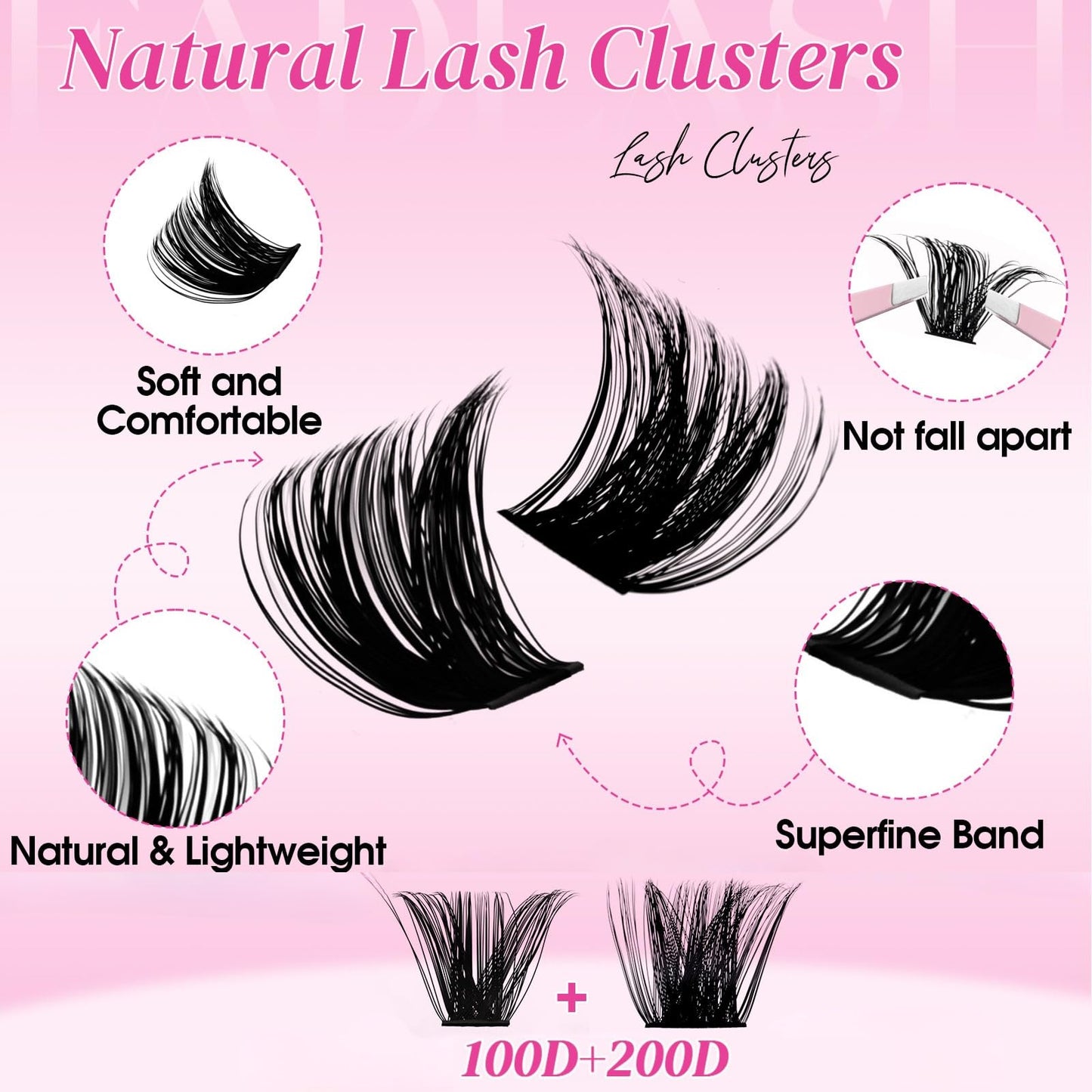 FADLASH Lash Clusters Natural Eyelash Clusters 100D+200D Fluffy Lashes Extensions 8-16mm D Curl DIY at Home (100D+200D, 2 Pack)