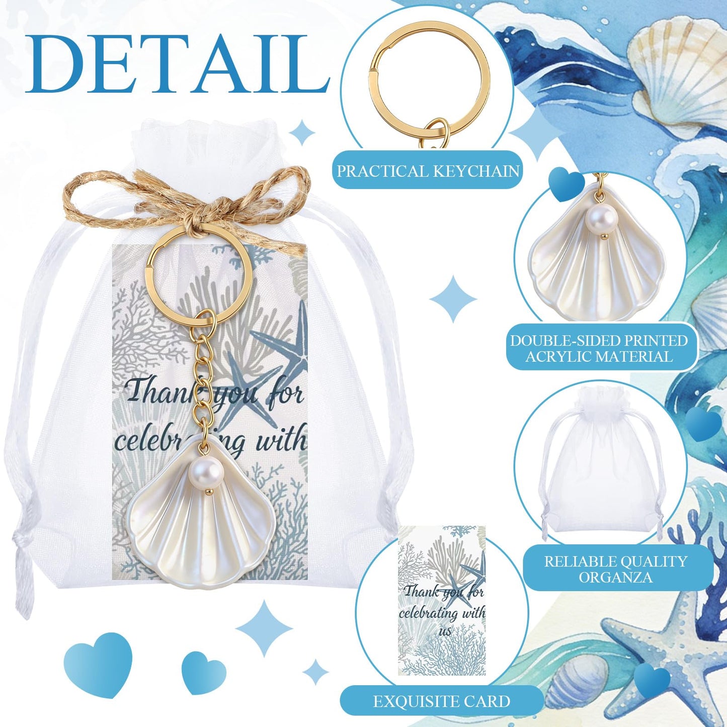 Equsion 24 Sets Seashell Keychain Beach Party Favor Last Toast on The Coast Party Bulk Gift Beach Shell Charm and Pearl Gift with Organza Bag for Nautical Wedding Baby Shower Bridal Shower (White)