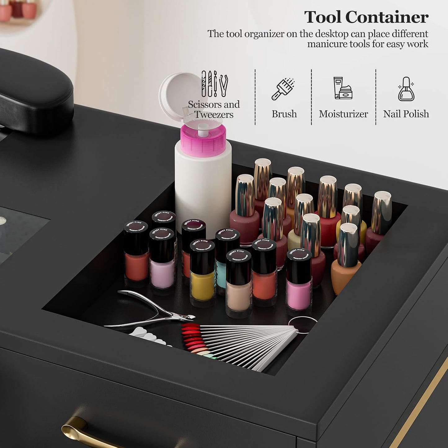 Manicure Table Nail Station - Glass Top Nail Table with Electric Dust Collector, 7 Drawers & Shelves | Black Vision
