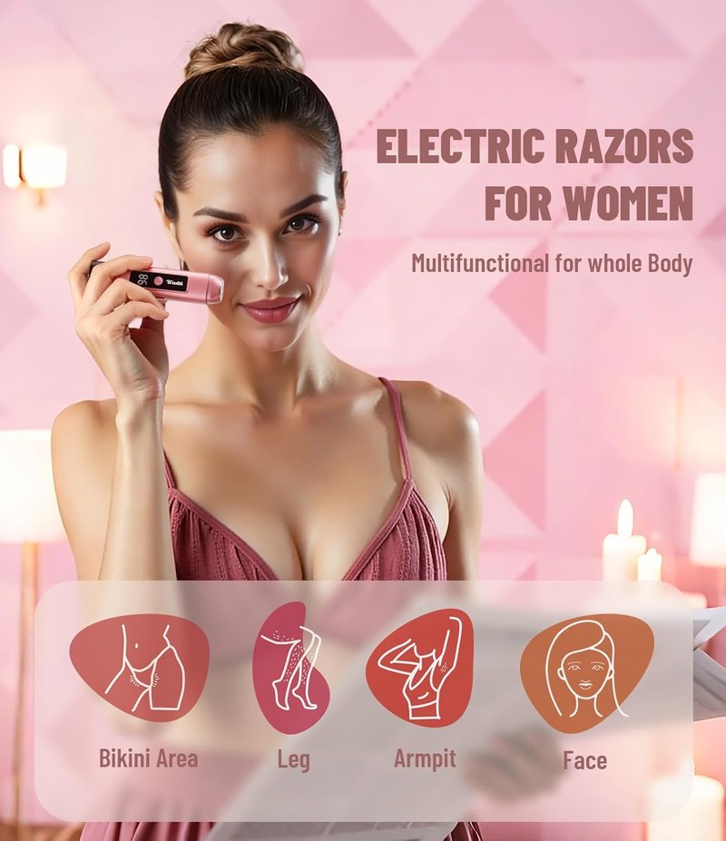 Electric Bikini Trimmer for Women - IPX7 Waterproof Dual Head Cordless Shaver with LED Display & 0.5mm Ceramic Blades | Rose Pink