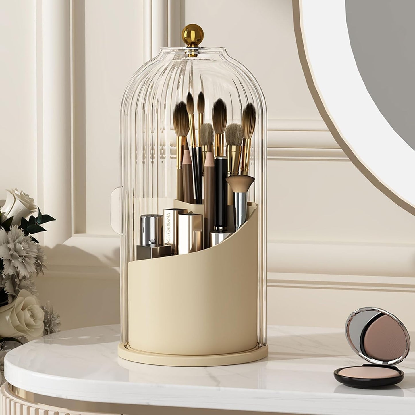 Makeup Brush Holder - 360 Rotating Clear Organizer with Lid for Vanity & Bathroom Countertop | Dustproof Design