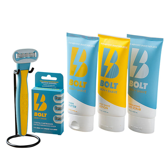 Be Smooth Men's Bundle - Complete Shaving Kit for Legs, Head, Chest & Arms with Razor, 3 Cartridges, Shave Butter, Scrub & Lotion