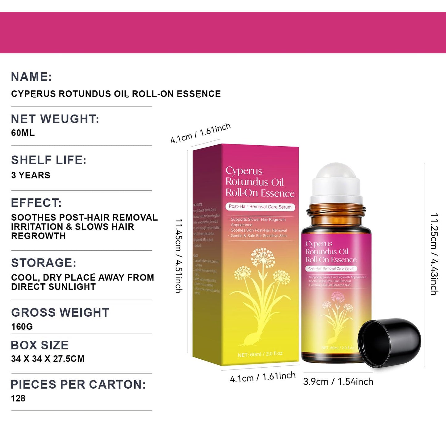 Cyperus Rotundus Oil for Hair Removal Natural for Reducing Body Hair Growth, Reduces Unwanted Hair Growth,Underarm Care Roll-On Serum, Sensitive Skin, Non-Greasy 2.02 Fl Oz (Carry with You)