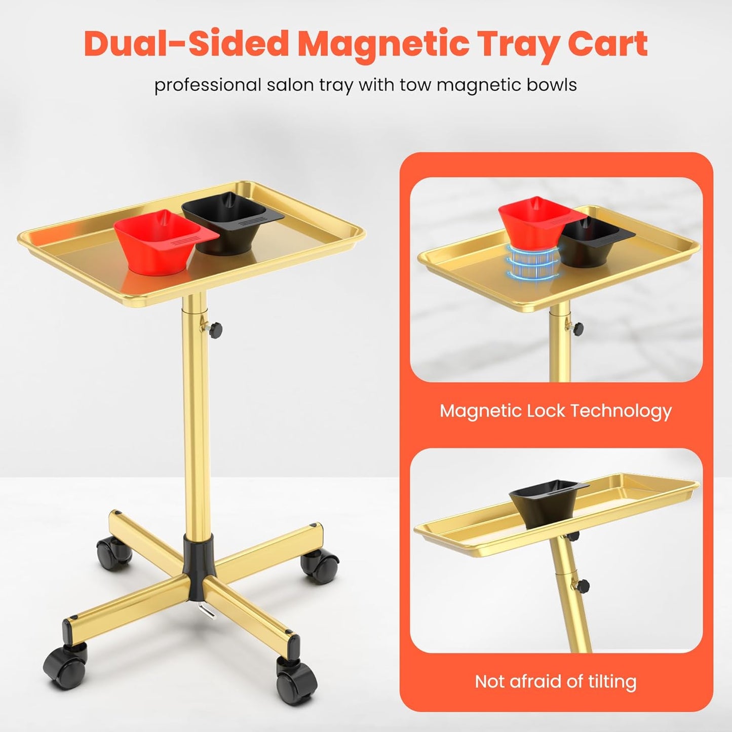 Rolling Salon Tray - Adjustable Height Mobile Trolley with Wheels & 2 Magnetic Dye Bowls | Gold Metal, 10 PCS Covers