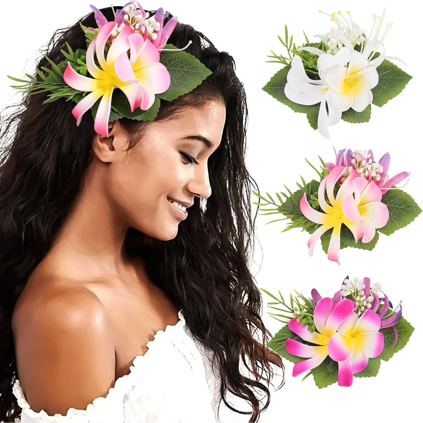 Hawaiian Flower Hair Clips - 3-Piece Set of Tropical Hair Pins | Artificial Floral Accessories in Blue, Pink, Purple