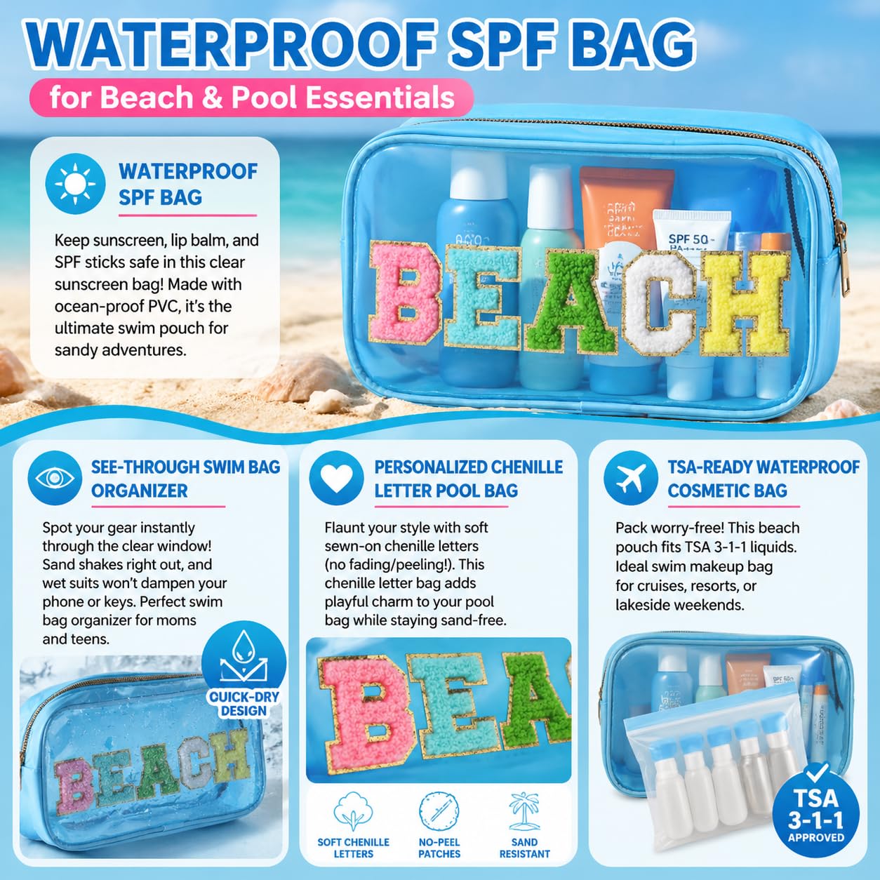 TRIP TIGER Women Clear Beach Makeup Bag with Chenille Letters-PVC Waterproof Visible Cosmetic Sunscreen Organizer for Pool, Swimming & Travel, Trendy Toiletry SPF Pouch