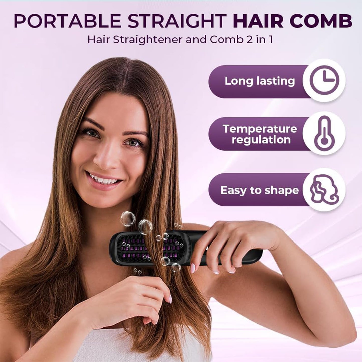 Cordless Hair Straightener Brush, Go Brush Pro, Portable Mini Straightening Brush for Women with 3 Temperature Settings LED Display, Fast Heating Hair Straightener Comb for Travel Smooth Frizz Hair