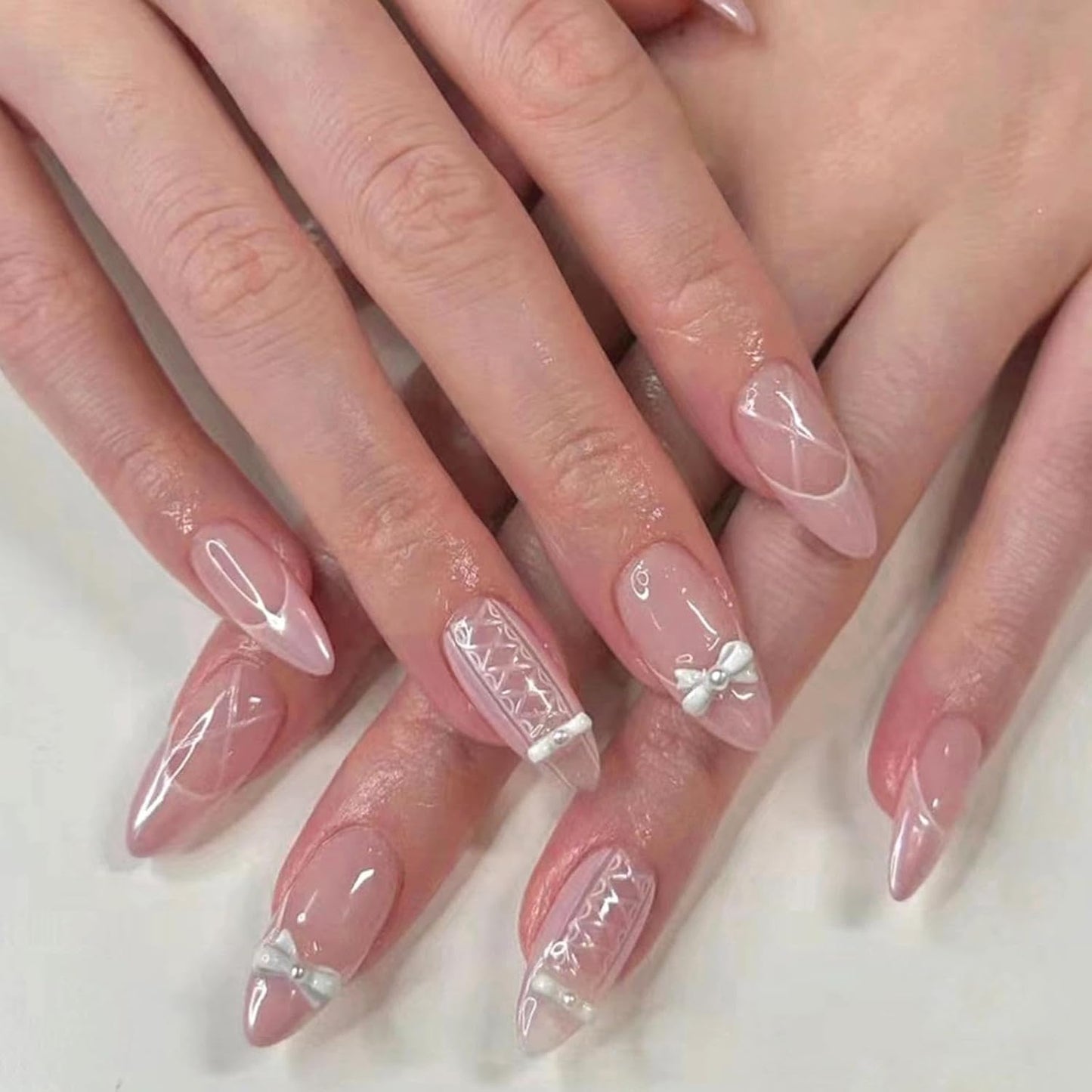 Flower Nail Press Ons - French Tip 3D Floral Butterfly Acrylic Nails | Glossy Pink Medium Almond Full Cover - 24 Pcs