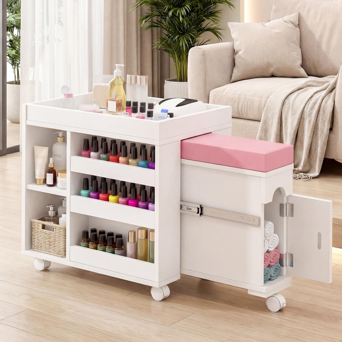 Pedicure Trolley Cart - Extendable Mobile Manicure & Foot Rest Station with Rolling Wheels | 26.3" L, Shelves & Cabinet for Polish