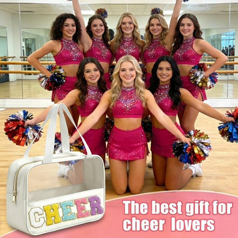 Cheer Makeup Bag - Clear Chenille Letter Patch Cosmetic Organizer | Waterproof Travel Toiletry Bag for Girls & Women