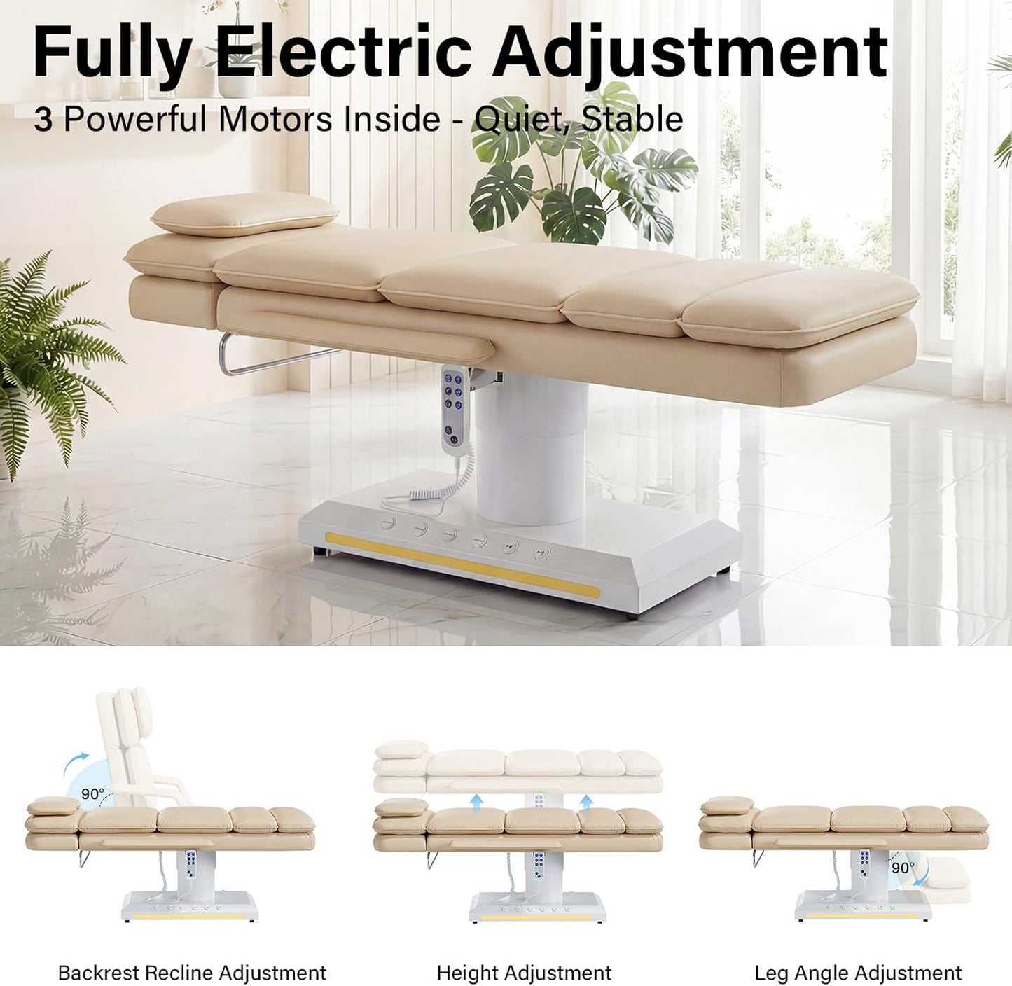 Electric Massage Table - 3 Motor Professional Spa Bed with Remote Control | Height Adjustable Facial Table (Champagne)