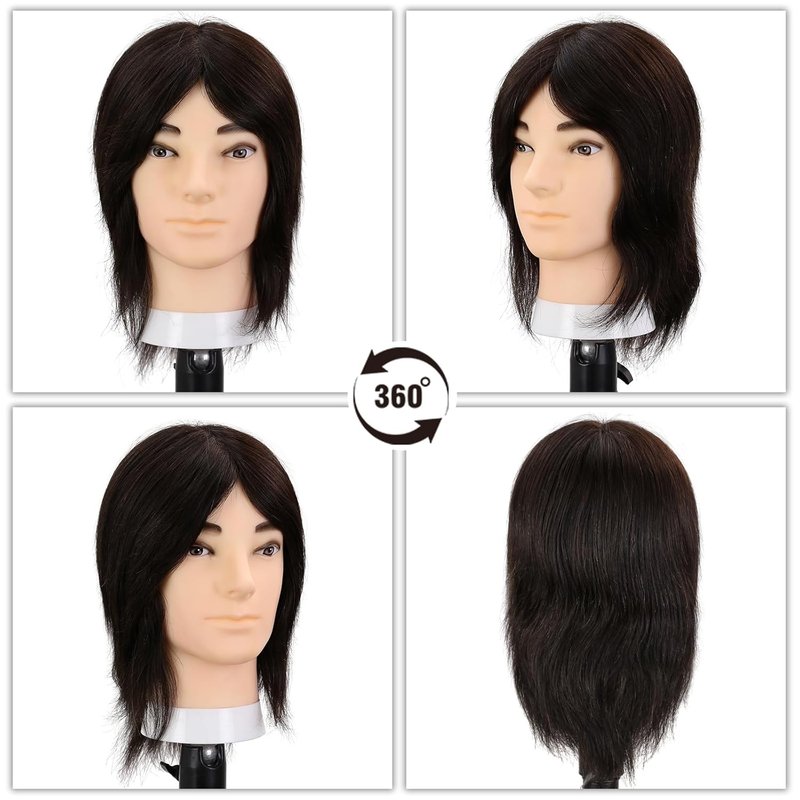 Realistic Male Mannequin Head - 10" Human Hair Training Manikin for Hair Cutting & Styling | Black