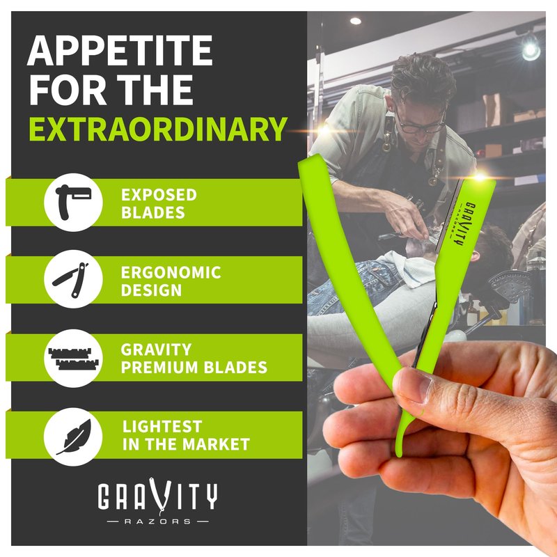 GRAVITY RAZORS Professional Straight Razor Kit – Minimal Exposure, Includes 10 Premium Blades, 0.5mm Exposed, Green