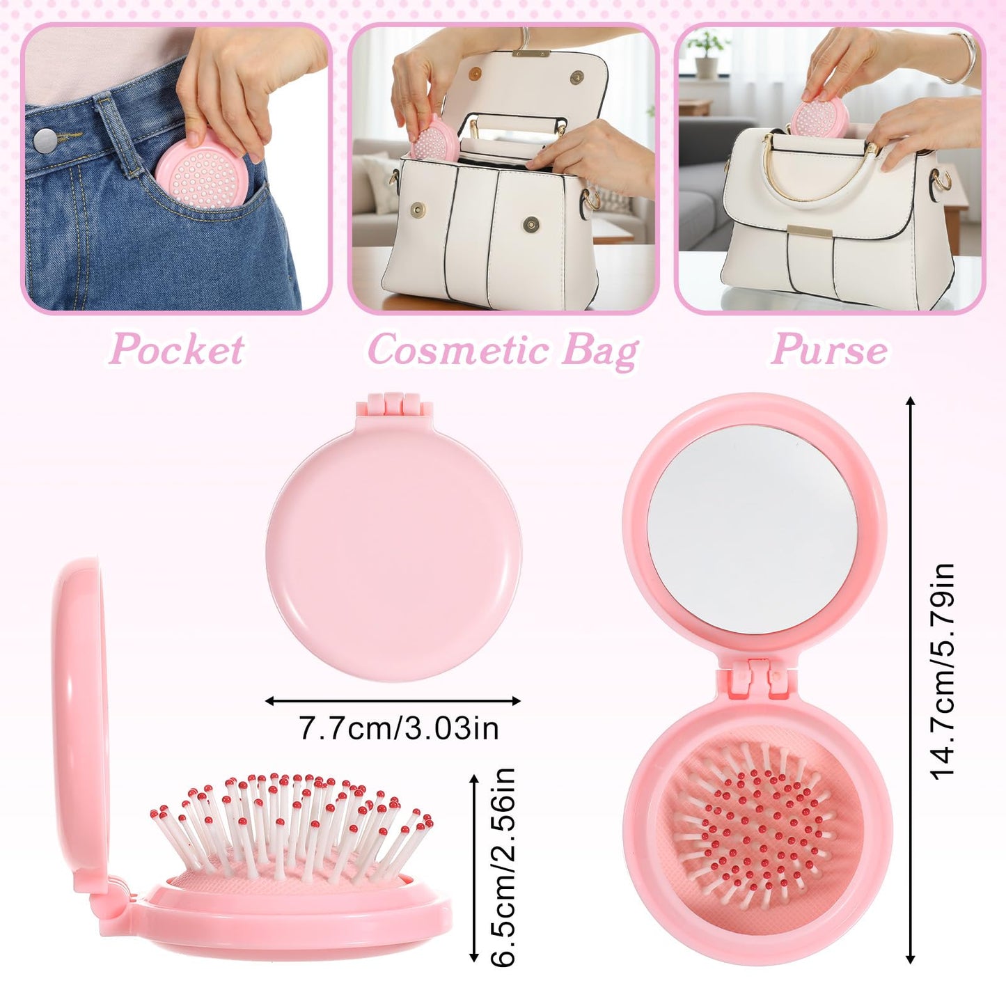 Mini Travel Brush for Women Folding Hair Brush Portable Mini Hairbrush with Mirror, Compact Pop Up Pocket Brushes, Small Travel Size Flip Brushes for Purse Girls Wet and Dry Hair, Pink