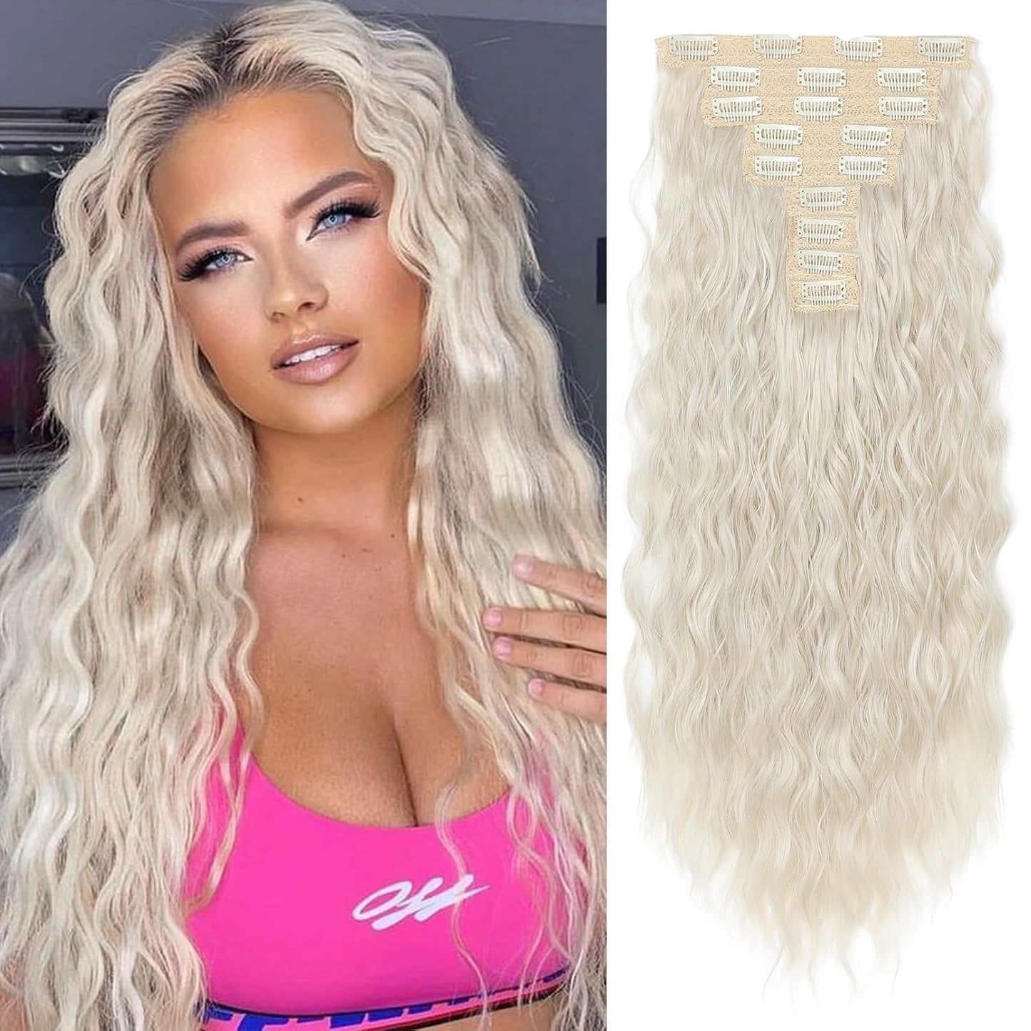 Blonde Clip-In Hair Extensions - 24" Thick Loose Waves | Natural Soft Hairpieces for Women - Platinum Blonde
