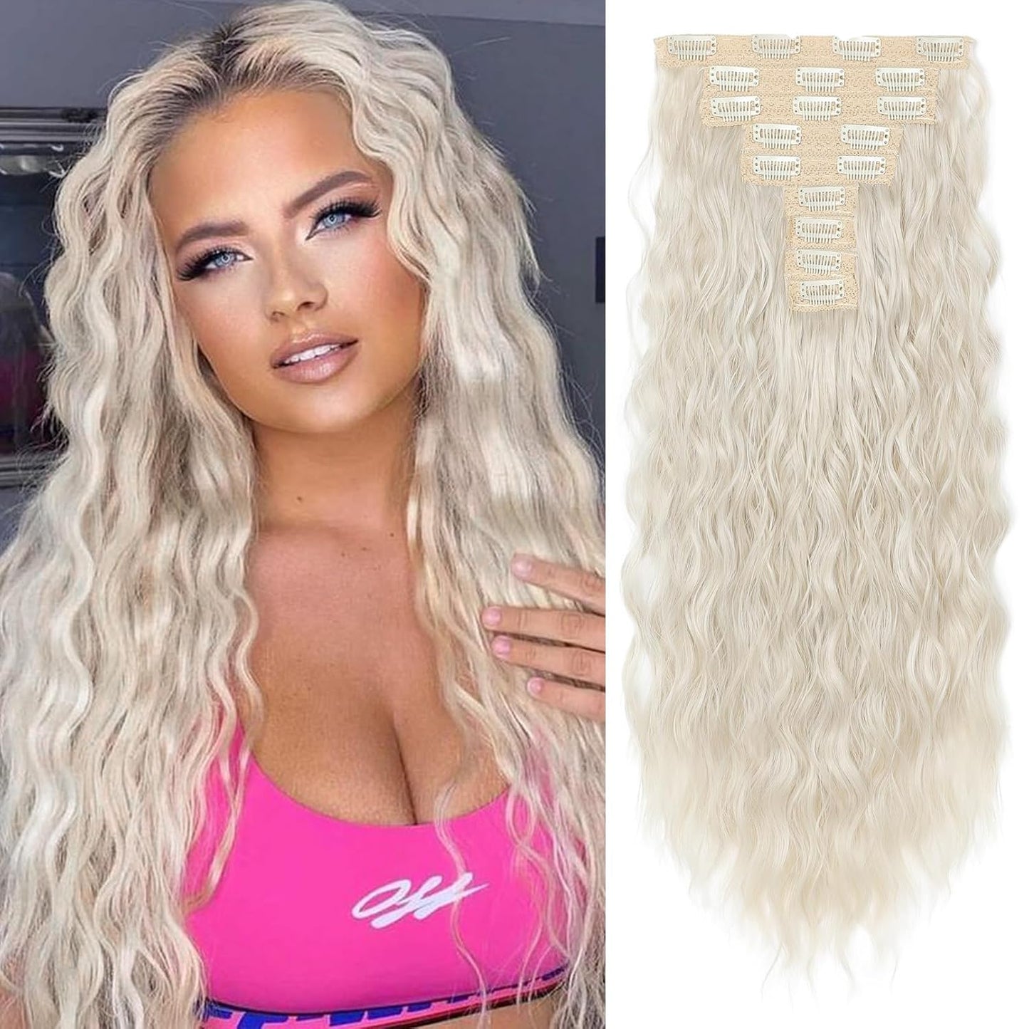 Clip In Hair Extensions - 5PCS Ash Blonde Highlights | 24" Thick Loose Waves, Soft & Natural Hairpieces for Women