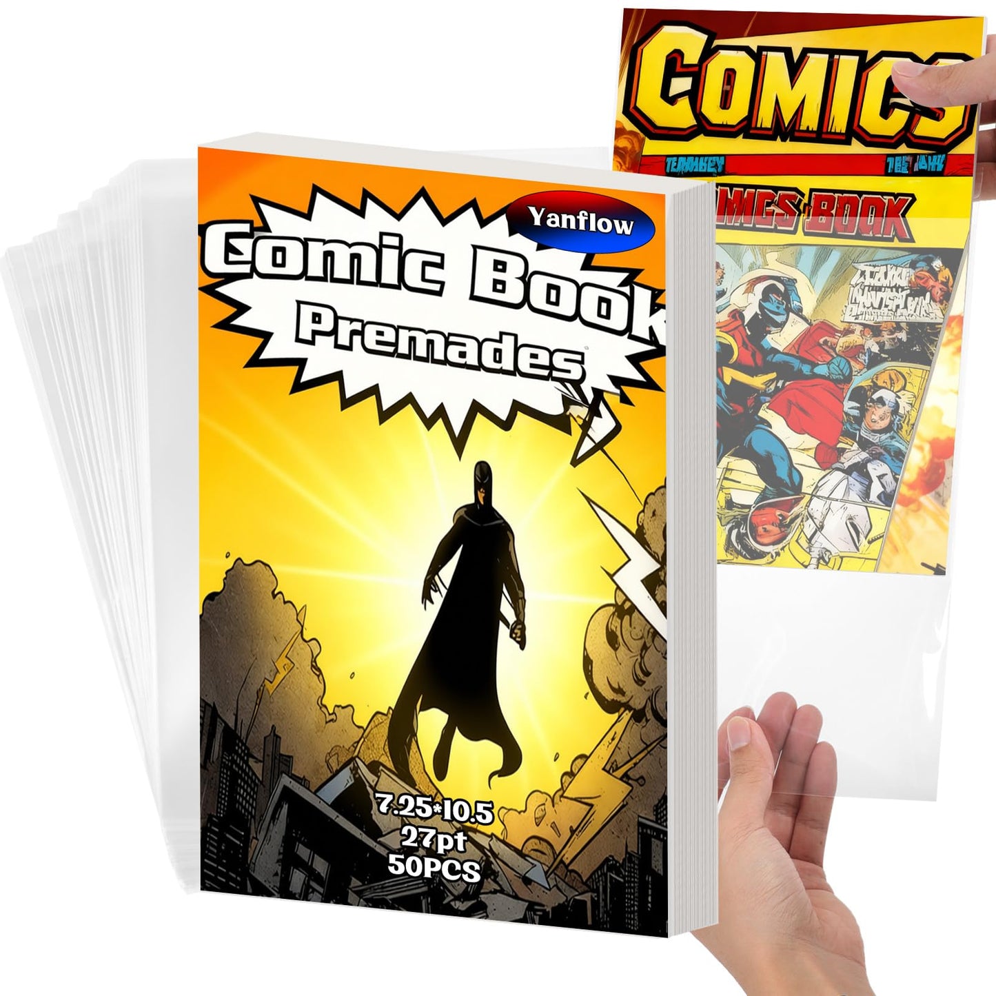 50 Pack Comic Book Bags and Boards Set 7.25x10.5 Inch Self-Sealing Bags with Archival Boards for Long-Term Storage & Protection