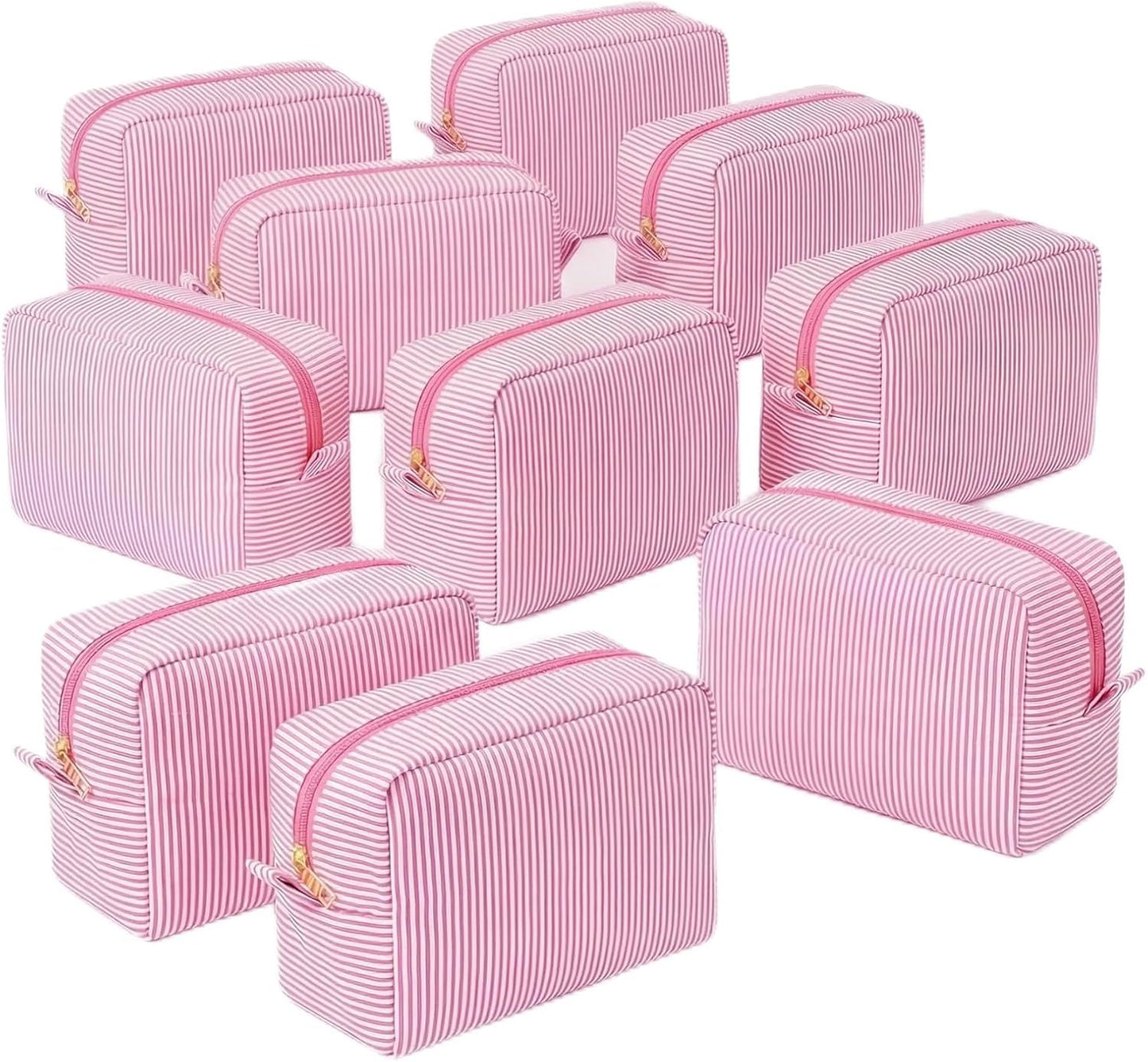 Makeup Bags Set of 6 - Large Seersucker Cosmetic Pouches for Bridesmaid Proposals | Khaki Toiletry Organizers