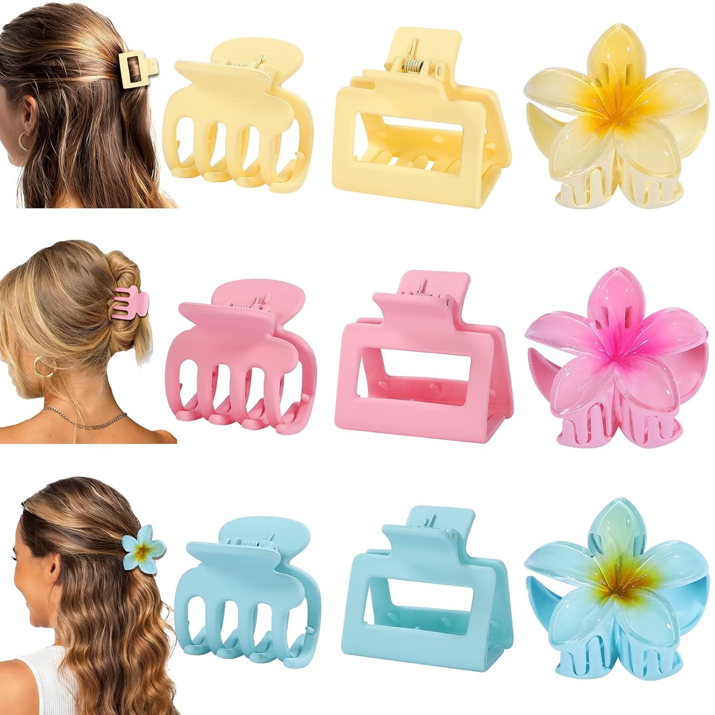 Medium Hair Clips for Women - 9 Pcs Small Claw Clips | Flower & Square Designs for Thin & Thick Hair