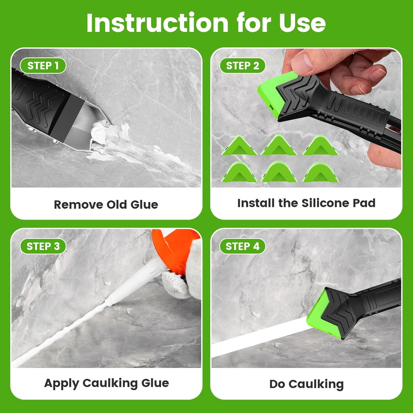 Goopreen 5-in-1 Caulking Tool - Silicone Sealant & Grout Remover with Stainless Steel Head | 6 Replaceable Pads for Kitchen & Bathroom