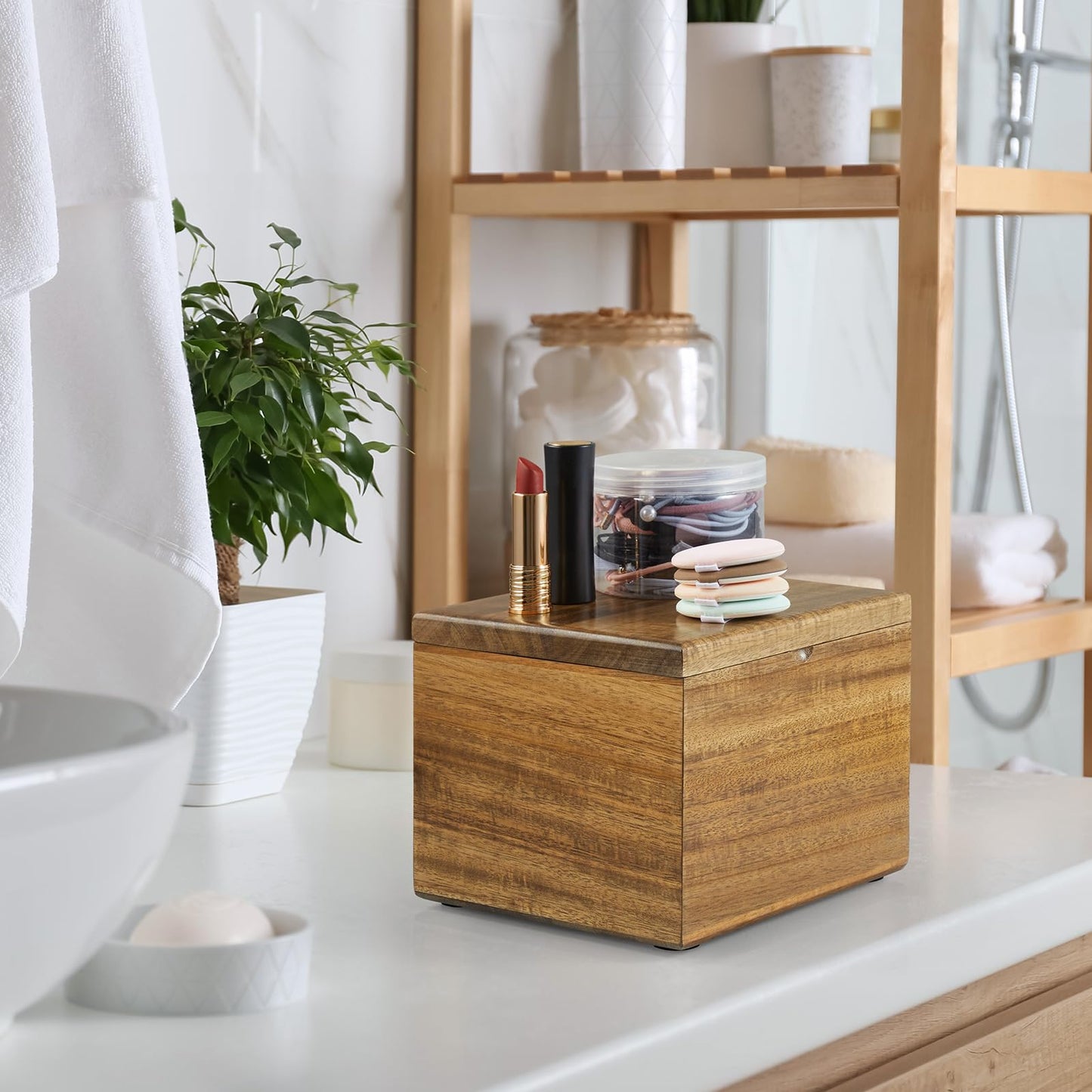 Bivvclaz Acacia Wood Disposable Face Towel Holder, Face Towel Container Compatible with Clean Towels XL, Face Towels Storage Box with Lid, Makeup Remover Organizer for Vanity, Bathroom