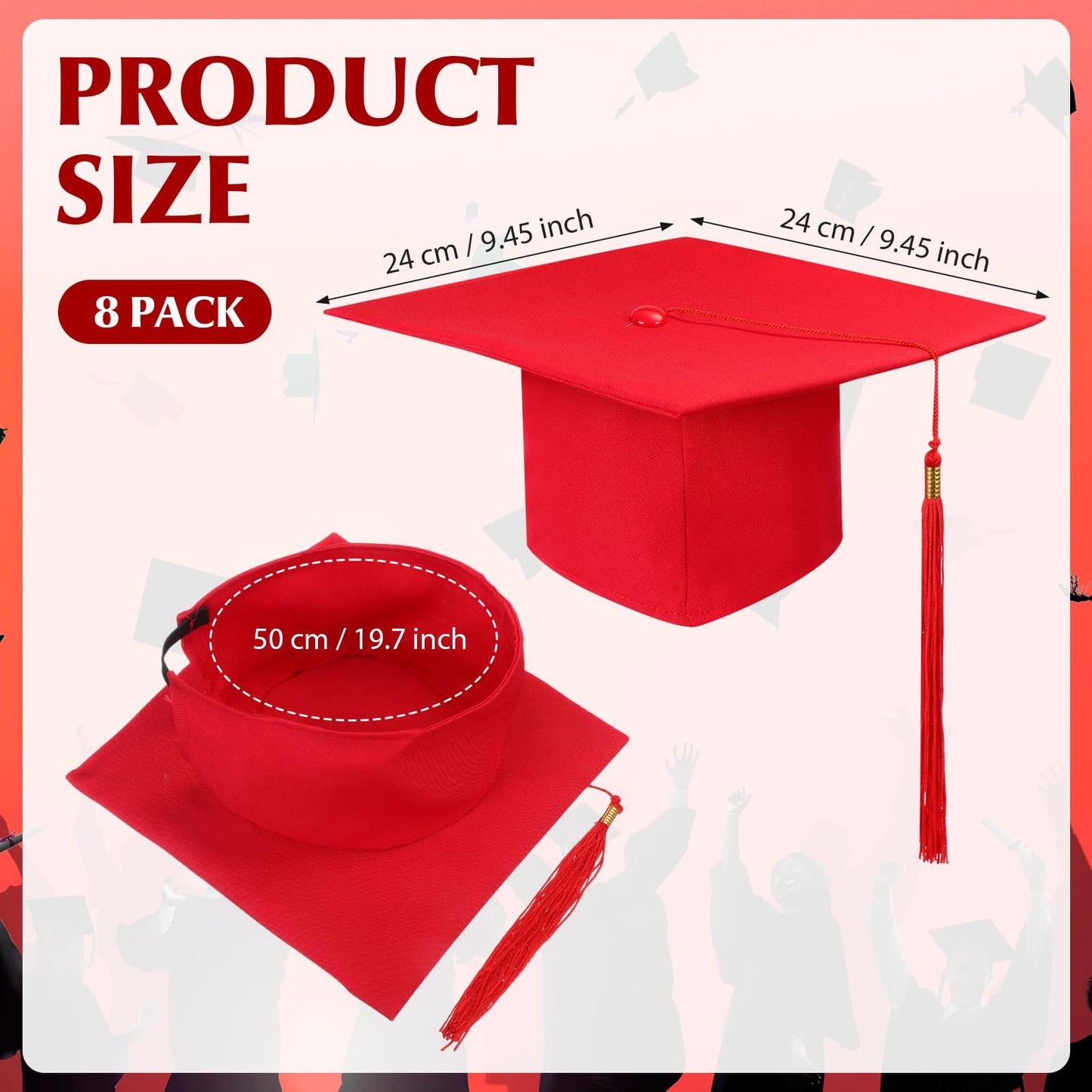 Geyoga 8 Pcs Graduation Cap Bulk Adjustable Adult Graduation Hat with Tassel for Graduate Fancy Dress Accessory Photo Props(Red)
