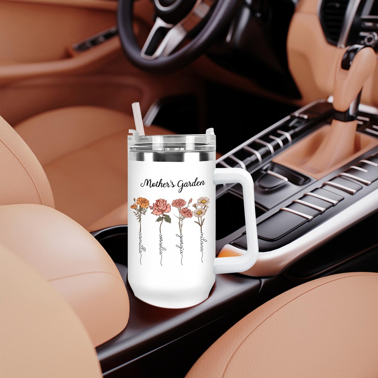 Personalized Mothers Garden Tumbler With Names, 40 Oz Travel Coffee Tumbler