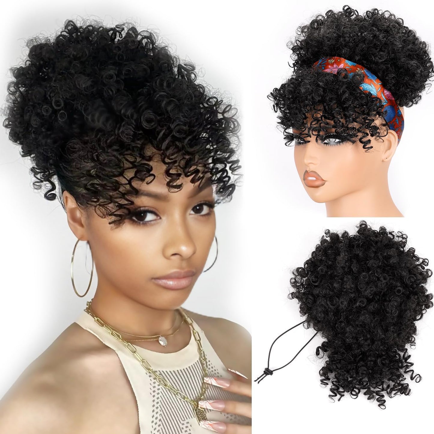 Drawstring Ponytail for Black Women - Afro Puff Kinky Curly Hair Extension with Bangs | Grey Updo