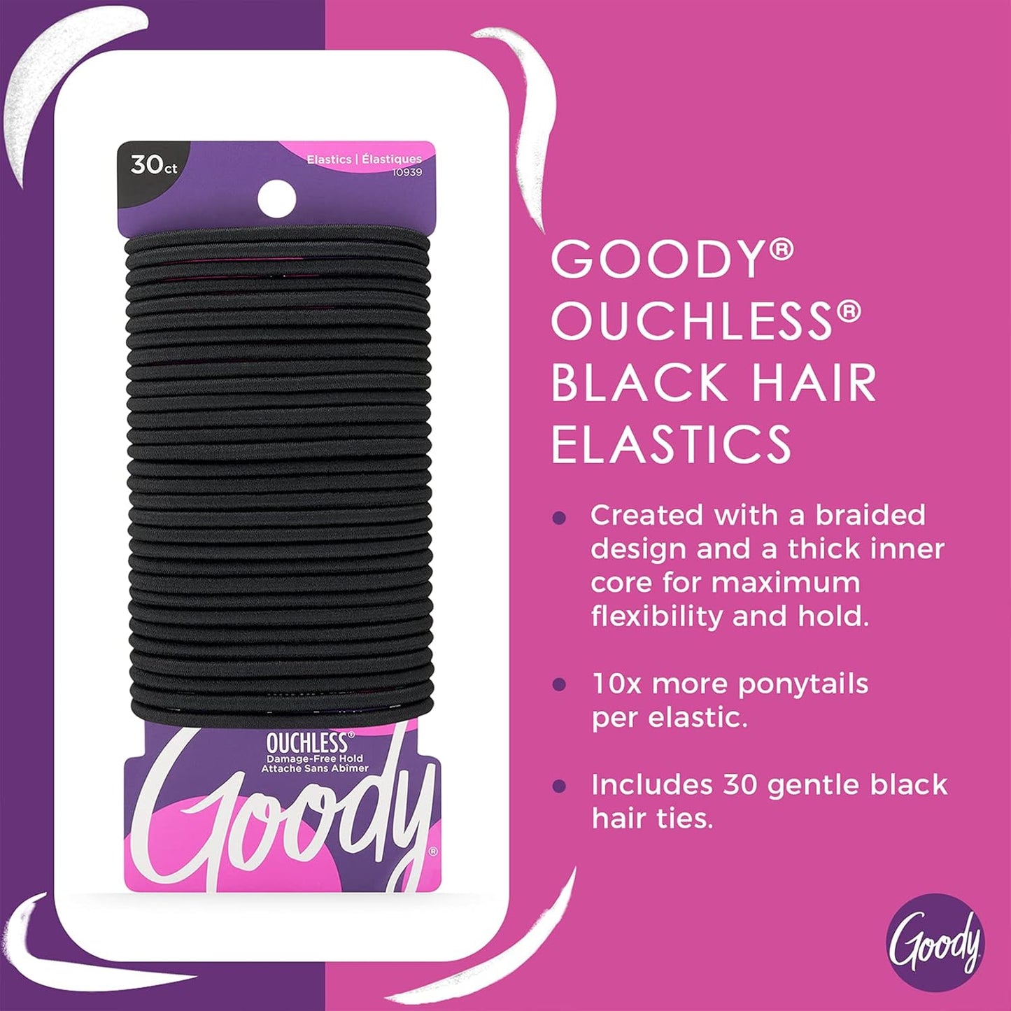 Goody Ouchless Hair Elastics - Tangle-Free Hold for Thick, Curly & Coily Hair - 30 Count, Black Ponytail Holders